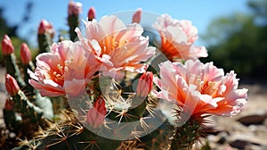 A cactus with flowers in the sun. Generative AI.