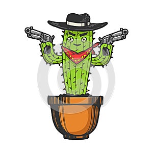 Cactus gangster bandit sketch engraving vector