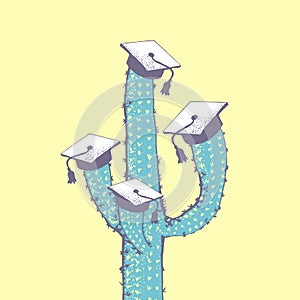 Cactus with Graduate black hats. Vector illustration of Graduation caps, square academic cap, mortarboard for college