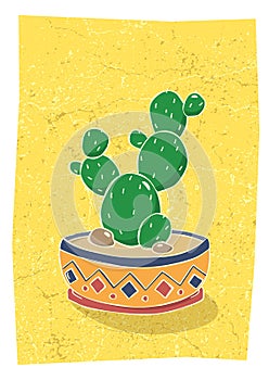 Cactus in hand drawn flower pot. Home wall decor in scandinavian style. Poster for living room. Vector illustration.