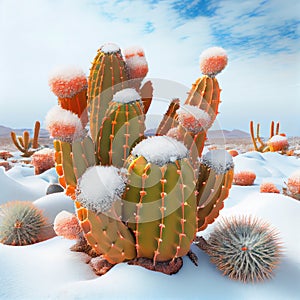 The cactus in the harsh desert between snow and ice - Generate Artificial Intelligente - AI photo
