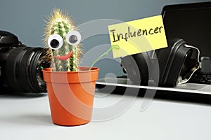 Cactus holding sign influencer. Laptop for blogging and social media content