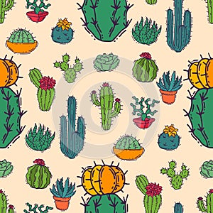 Cactus home nature illustration of green plant cactaceous tree with flower seamless pattern background