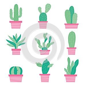 Cactus Icon Flat Design Element Plants Pot Flower Prickle Cartoon Vector