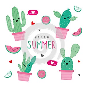 Cactus Icon Flat Design Element Plants Pot Flower Prickle Cartoon Vector