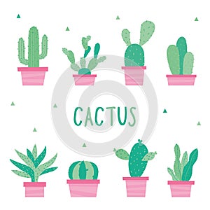 Cactus Icon Flat Design Element Plants Pot Flower Prickle Cartoon Vector