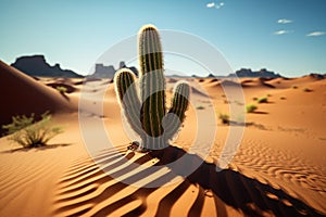 Cactus in isolation alone in the desert, surrounded by sand