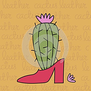 Cactus leather concept. Hand drawn pink shoe with cactus inside on yellow background. Eco-Friendly product.