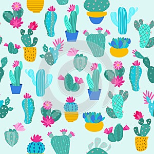Cactus and leaves seamless pattern, blue background