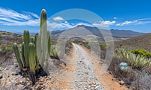 Cactus-lined path leading to mountain