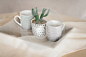 Cactus in a mug. A tray with mugs on the table. Hugge. photo