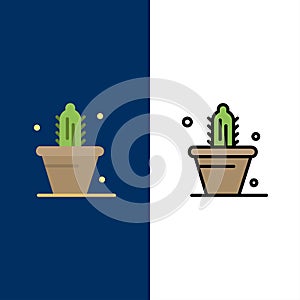 Cactus, Nature, Pot, Spring  Icons. Flat and Line Filled Icon Set Vector Blue Background