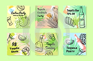 Cactus party tequila cocktails promo poster set engraved vector illustration. Mexican alcohol drink