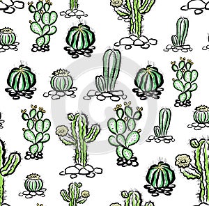 Cactus pattern inn black and green on white background