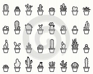 Cactus And Plant In Pot Line Icon Set - vector