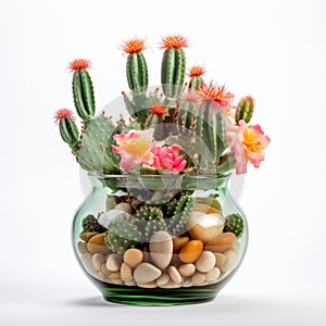 Humorous Cactus Plants In Clear Vase On White Background photo
