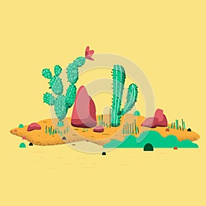 Cactus plants set of desert among sand and rocks. Realistic vector illustration isolated on white background photo