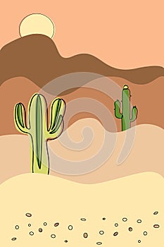 Cactus poster. Desert landscape. Sand hills. Wild nature panorama. Saguaro plants. Dry land. Green cacti succulents