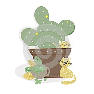 A cactus pot with two cute cats and a cup of spilled green tea