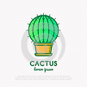 Cactus with prickles in pot thin line icon. Modern vector illustration of home plant