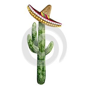 Cactus Saguaro wearing Mexican sombrero hat watercolor illustration isolated on white background photo