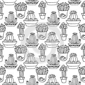 Cactus seamless pattern illustration. Vector succulent and cacti hand drawn set. In door plants in pots.