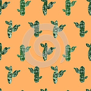 cactus seamless pattern isolated on bright orange background. hand painted cacti set in collage paper cut style. Modern botanical