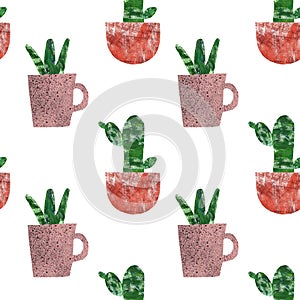 Cactus seamless pattern. Summer botanical print with cute cacti in flower pots on white background. Collage hand painted texture