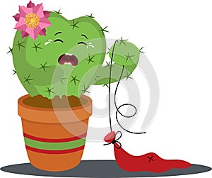 Cactus shaped heart on potted crying for a punctured balloon