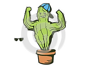 Cactus show muscle biceps. Vector color cartoon illustration islated on white. Sport Cactus character concept