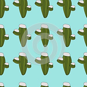 Cactus in snow winter seamless pattern