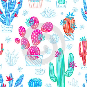 Cactus succulent wild seamless pattern flowers colorful watercolor bright collections.