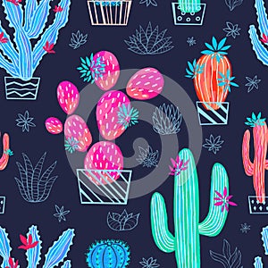 Cactus succulent wild seamless pattern flowers colorful watercolor bright collections.