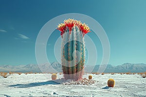 A cactus thrives in the arid desert landscape under the blazing sky