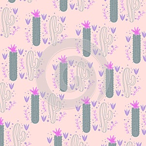 cactus tree pattern with flowers on pink background