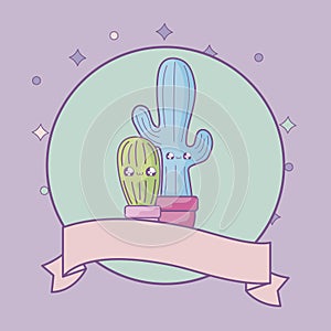 cactus tropicals in frame circular with ribbon kawaii style