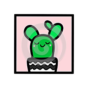 Cactus vector icon logotype in cartoon doodle style smiling kawaii face illustration