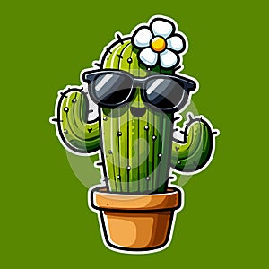 Cactus wear sun glass and flower illustration.