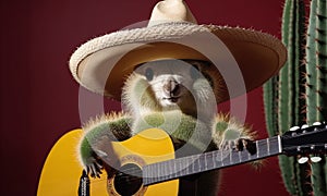 Cactus wearing mexican sombrero and playing a guitar