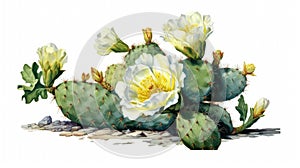 Cactus with white flowers, which is surrounded by rocks and dirt. There are also some yellow flowers in background of