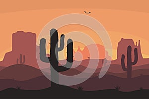 Cactuse and mountains silhouettes, desert landscape. Nature background in sunset with sand hills. Vector.