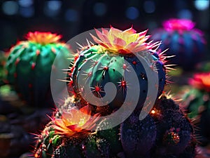 Cactuses with colorful flowers on a dark glow background, selective focus. Close-up