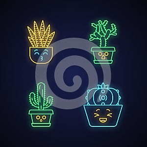 Cactuses cute kawaii neon light characters