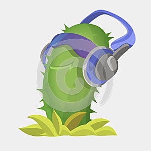 Cactuses cute kawaii vector character. Plant with smiling faces. Cactus in headphones. Funny emoji, emoticon set