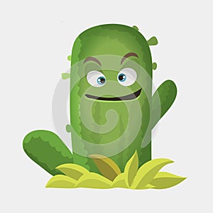 Cactuses cute kawaii vector character. Plant with smiling faces. Cactus waving branch. Funny emoji, emoticon set