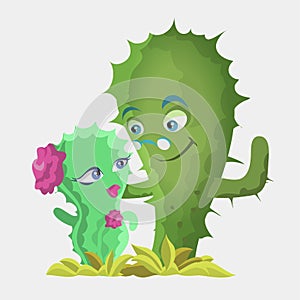 Cactuses cute kawaii vector character. Plant with smiling faces. A couple of cacti. Funny emoji, emoticon set. Isolated cartoon