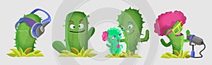 Cactuses cute kawaii vector characters. Plants with smiling faces. Cactus in headphones, cactus sings, a couple of cacti