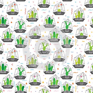 Cactuses In Glass Terrariums with Geometric Pattern Background. Vector Illustrations.