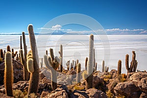 Cactuses in Incahuasi island, Salar de Uyuni  salt flat, Potosi, Bolivia