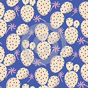 Cactuses pink vector seamless blue pattern. Abstract desert nature textile print.